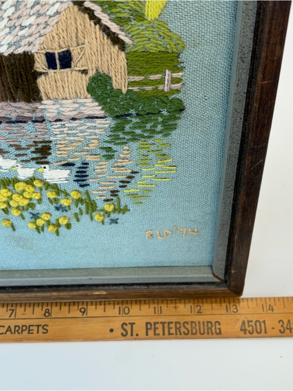 Vtg Framed Needlepoint Picture Crewel Of Dutch Grist Mill Ducks Flowers Cottage - Picture 9 of 9
